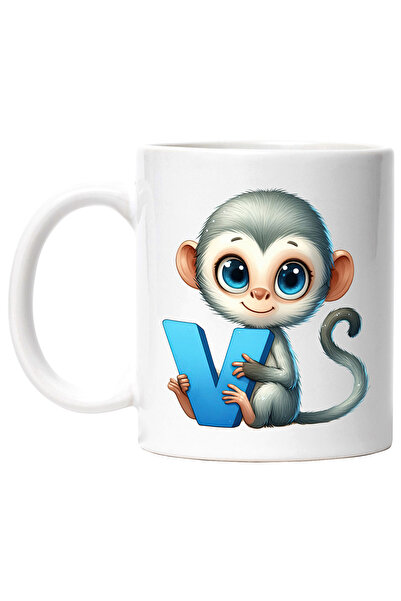 StoryGift Romania Cana cu maimutica velvet cu litera "V", ilustratie, pentru ...