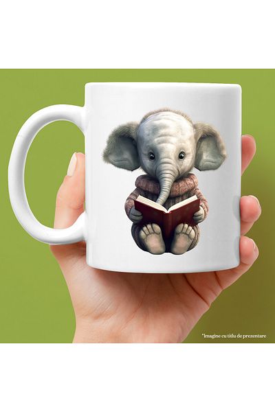 StoryGift Romania Cana cu un elefantel care citeste dintr-o carte | ilustratie | imbracat gros | m, Cu Maner Alb
