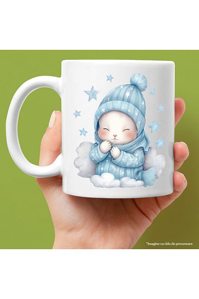 StoryGift Romania Cana cu o oita imbracata gros | somnoroasa | ilustratie | gata de culcare | stel, Cu Maner Alb