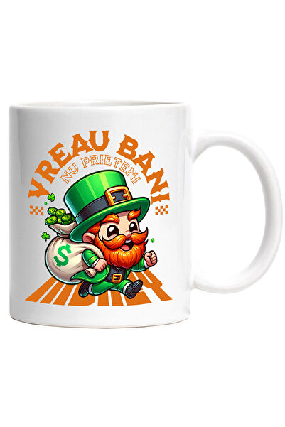 StoryGift Romania Cana Spiridus cu sac de bani text Bani nu prieteni, 330ml, Ceramic cu Maner Alb, Cu Maner Alb