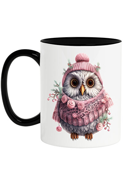 StoryGift Romania Cana cu o bufnita cu haine groase | caciula | ilustratie | frig | haine calduroa, Cu Maner Negru