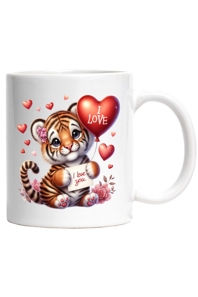 StoryGift Romania Cana cu un pui de tigru care tine un balon in forma de inim...