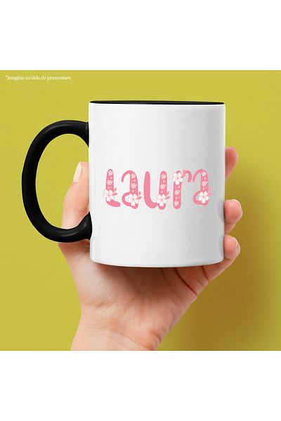 StoryGift Romania Mug With Name Laura, Flowers, Colorful, Pink, Cute, 330ml, Ceramic with Black Handle, With ,STG
