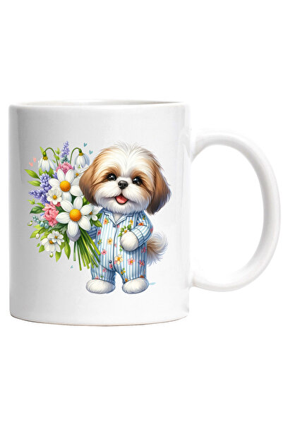 StoryGift Romania Cana cu un catel blanos care tine un buchet cu flori | ilus...