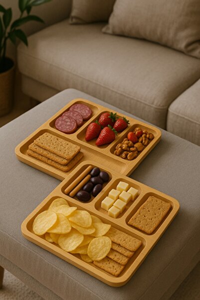 wellhome Set of 2 Bamboo Wooden Presentation Plates | Compartmentalized Serving Tray / Add Natural Elegance to Your Tables