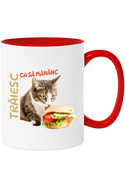 StoryGift Romania Cana Pisica cu un hamburger text haios TRAIESC CA SA , 330m...