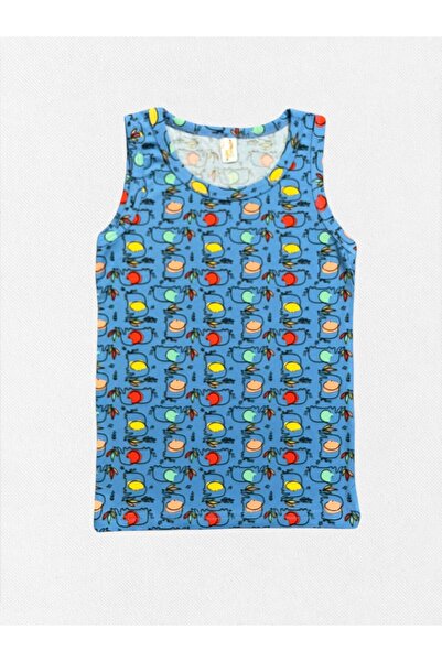 elmas kids Erkek Çocuk %100 Pamuklu Filler Desenli Ağ Kısmı Dikişli Mavi Atlet Boxer Takımı