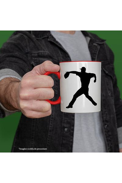 StoryGift Romania Mug with a baseball player preparing to throw the ball with a red handle, with STG