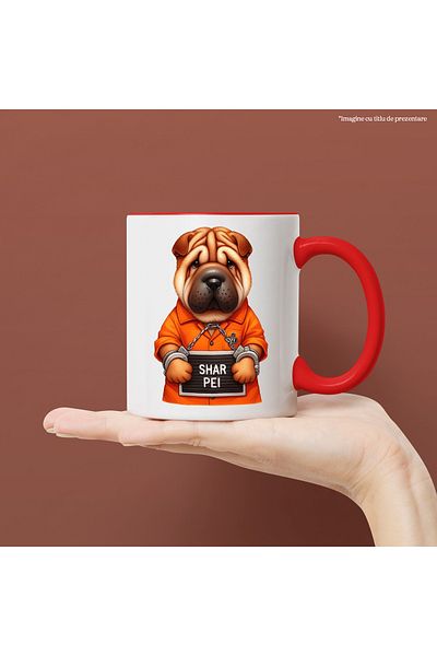 StoryGift Romania Mug with a Shar Pei puppy, illustration, sad, in prison, prisoner, uniform, , With