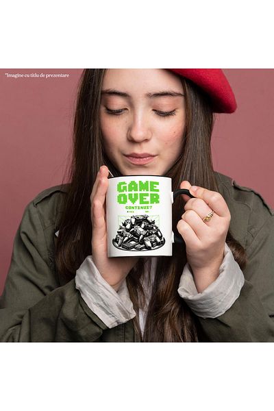 StoryGift Romania Mug with Mountain Video Game Controllers Text Game Over Continuous Digital World, Ceramic, With Black Handle