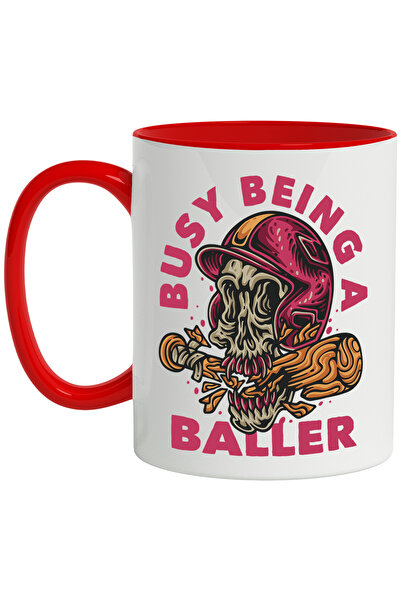 StoryGift Romania Cana Cu Mesaj In Engleza Busy Being A Baller, Baseball, Craniu, Bata, Multicolor, Cu Maner Rosu