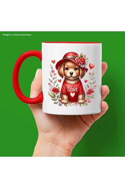 StoryGift Romania Mug with a puppy wearing a red shirt | illustration | hat | flowers | hearts, With ,STG