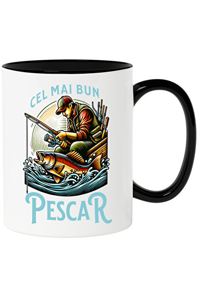 StoryGift Romania Cana Cel Mai Bun Pescar, 330ml, Ceramica cu Maner Negru, Cu...