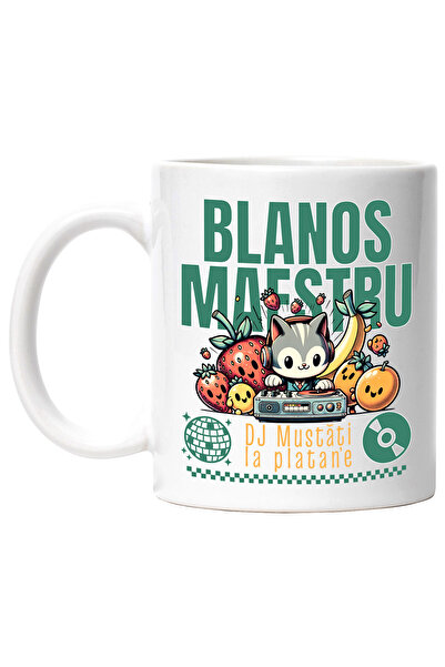 StoryGift Romania Cana blanos maestru la muzica. DJ Mustati la plante, 330ml, Ceramic cu Maner Alb, Cu Maner Alb