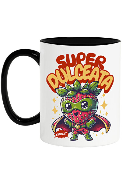 StoryGift Romania Cana cu Super Erou Capsuna Cu Capa Rosie Text Super Dulceata, Ceramica, 330ML, c, Cu Maner Negru