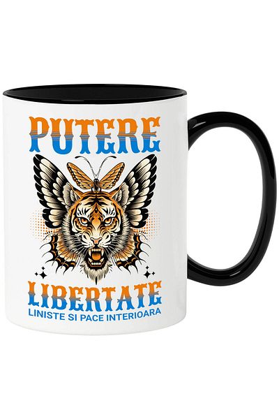 StoryGift Romania Cana cu Tigru Furios Cu Colti Aripi De Flutur Text Putere Libertate Motivational, Cu Maner Negru