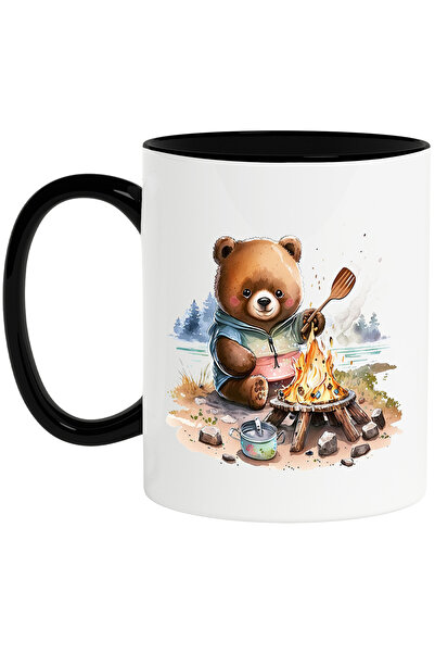 StoryGift Romania Cana cu un ursulet care se pregateste sa gateasca ceva | ilustratie | foc | lemn, Cu Maner Negru