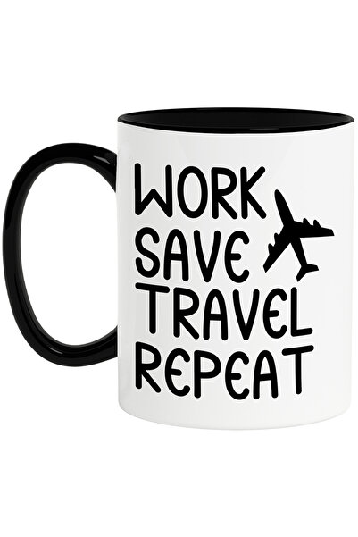 StoryGift Romania Cana cu un avion si textul in engleza "Work, save, travel, ...