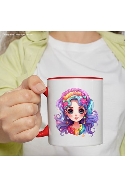 StoryGift Romania Mug with a cheerful face | illustration | big eyes | flowers | earrings | 330ml | Cerami, Cu,STG