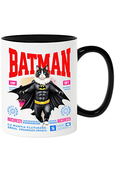 StoryGift Romania Cana cu Ragdoll Pisica In Costum de BatMan cu Pelerina, Erou Nocturn, Desene ani, Cu Maner Negru