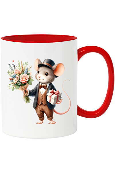 StoryGift Romania Cana cu un soricel la costum care tine un buchet cu flori s...