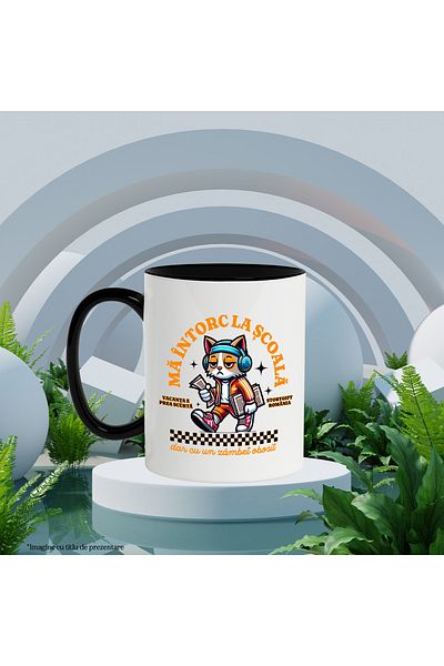 StoryGift Romania Cana pisica obosita motan cool ma intorc la scoala, 330ml, Ceramica cu Maner Neg, Cu Maner Negru
