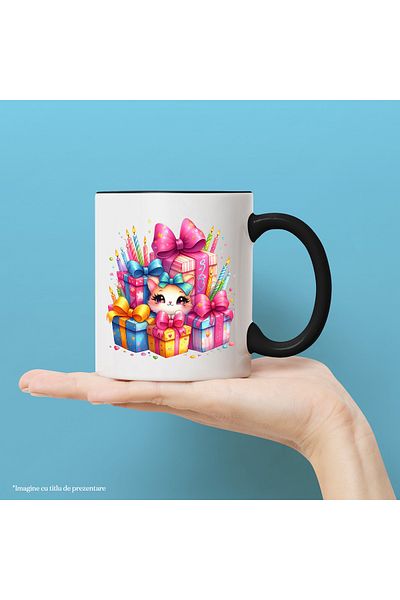 StoryGift Romania Mug with a kitten standing among a lot of gifts | illustration | candles a, With