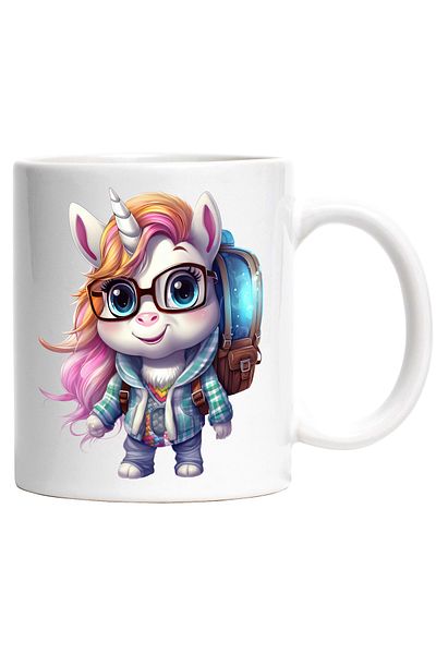 StoryGift Romania Cana cu un unicorn care se duce la scoala | ghiozdan | ochelari | tocilara | ilu, Cu Maner Alb