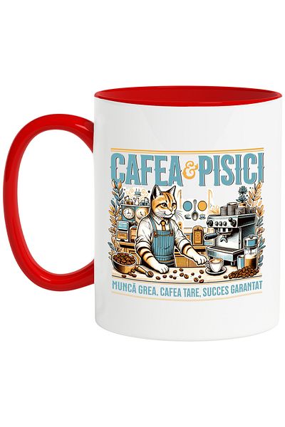 StoryGift Romania Cana cafea si pisici barista iubitorii de motan, 330ml, Ceramic cu Maner Rosu, Cu Maner Rosu
