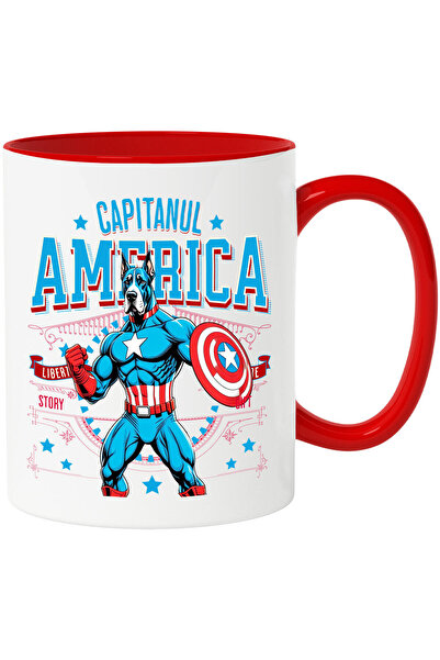 StoryGift Romania Mug with German Dog / Great Dane Dog in Captain America Costume with Cape, , With Red Handle