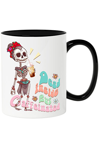 StoryGift Romania Cana cu un schelet de femeie care bea cafea cu mesajul "Dead inside, but caffein, Cu Maner Negru