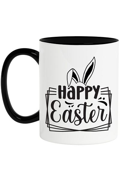StoryGift Romania Mug with rabbit ears and the text "Happy Easter!" - greeting with Black Handle, With Black Handle