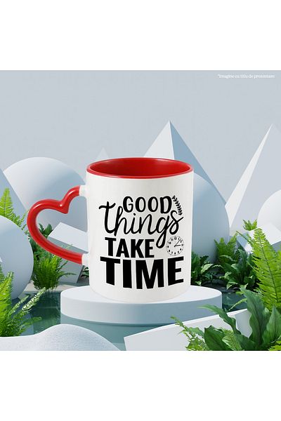 StoryGift Romania Mug With A Clock And The Message "Good Things Take Time" With Red Heart Handle, With Ma,stg