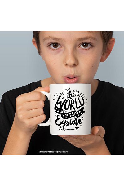 StoryGift Romania Cana cu mesajul in limba engleza "The world is yours to explore" - lumea iti apa, Cu Maner Alb
