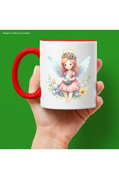 StoryGift Romania Cana cu o fetita cu aripi de zana | ilustratie | tine un ou vopsit in brate | fl, Cu Maner Rosu