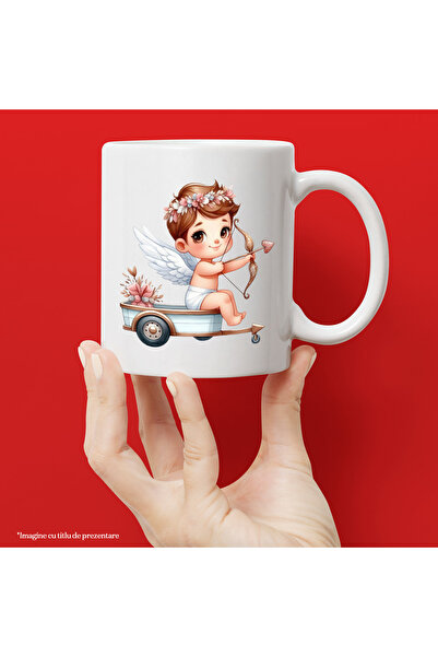 StoryGift Romania Cana cu un bebelus Cupidon care sta intr-o remorca, ilustra...