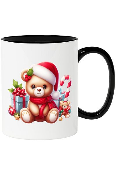 StoryGift Romania Mug with a teddy bear | illustration | cheerfulness | Christmas hat | scarf |, With Black Handle