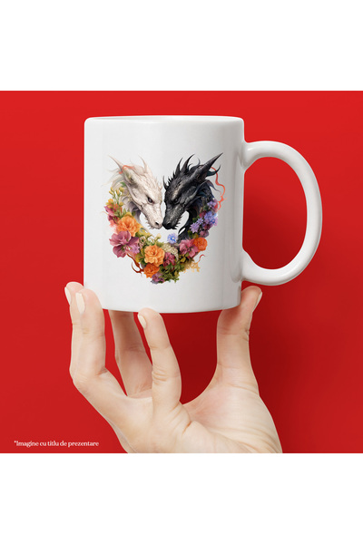 StoryGift Romania Mug with 2 dragons forming a heart, illustration, white, black, popcorn, Vale, Cu, STG