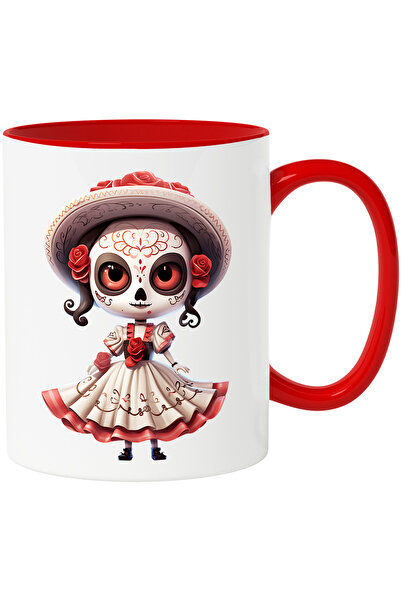 StoryGift Romania Cana cu o femeie cu machiaj horror | Dia de Muertos | Mexic | sarbatoare | rochi, Cu Maner Rosu