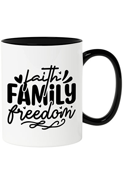StoryGift Romania Cana cu inimioare si textul in engleza "Faith, family, freedom" - credinta famil, Cu Maner Negru