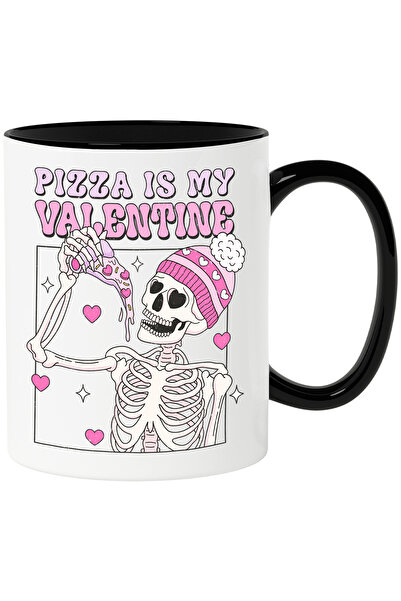 StoryGift Romania Cana cu un schelet care tine o felie de pizza cu mesajul "Pizza is my Valentine", Cu Maner Negru