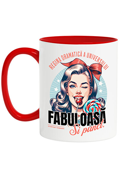 StoryGift Romania Cana Fata cu acadea, text regina dramei Fabuloasa si punct, 330ml, Ceramic cu Ma, Cu Maner Rosu