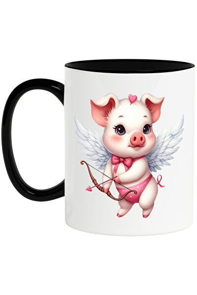 StoryGift Romania Cana cu un purcelus Cupidon | ilustratie | trage cu arcul | aripi | indragostire, Cu Maner Negru