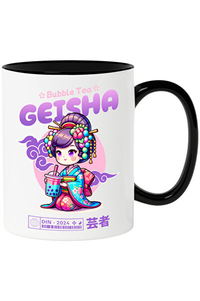 StoryGift Romania Cana Bubble Tea de Geisha asiatica stil anime japonia, 330ml, Ceramica cu Maner , Cu Maner Negru