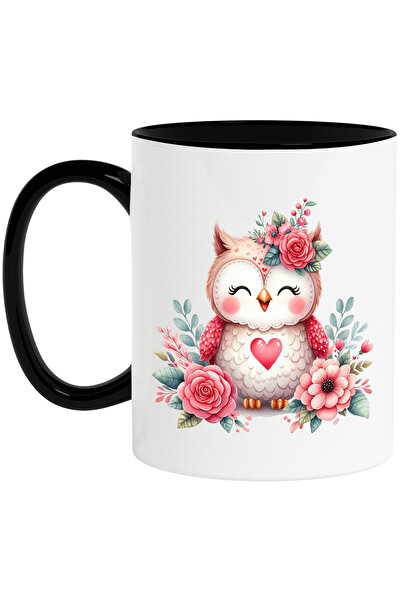 StoryGift Romania Cana cu o bufnita dragalasa, ilustratie, flori, roz, inima,...