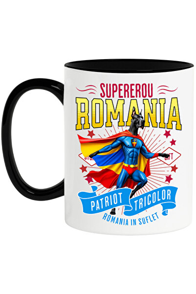 StoryGift Romania Mug with German Dog / Great Dane Dog in Captain Romania Costume with Cape, , With Black Handle