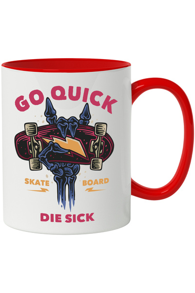 StoryGift Romania Cana Cu Mesaj In Engleza Go Quick Die Sick, Mana, Schelet, Skateboard, Multicolo, Cu Maner Rosu