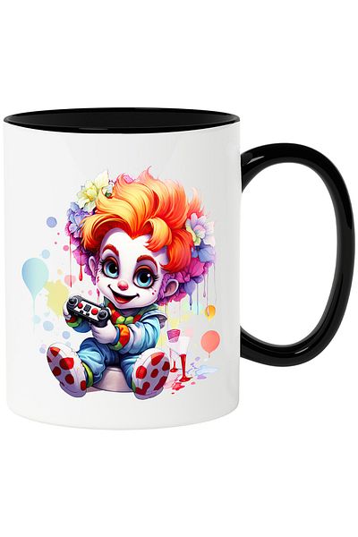 StoryGift Romania Cana cu un baietel clovn | ilustratie | pete de culoare | tine un controller | f, Cu Maner Negru