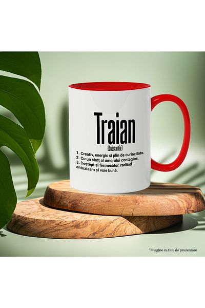 StoryGift Romania Cana Cu Numele Traian, Cu Mesaj Motivational, Creativ, Energic, Curios, Destept,, Cu Maner Rosu