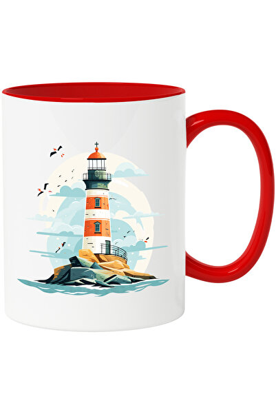 StoryGift Romania Cana cu un far | ilustratie | mare | apa | pasari | arta vectoriala | vapoare | , Cu Maner Rosu